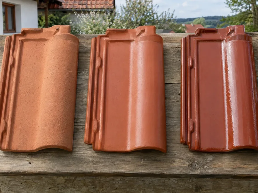 Vzorky pálených střešních tašek: režná, engobovaná a glazovaná