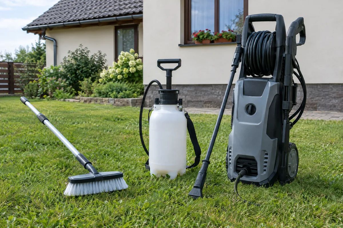 Nářadí na čištění střechy svépomocí: kartáč s plastovými štětinami, postřikovač a wapka s plochou tryskou