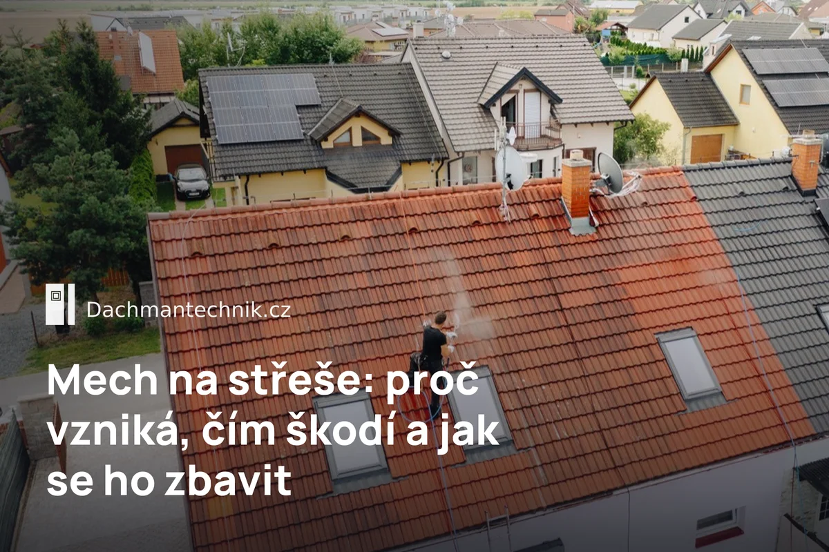 Čištění taškové střechy tlakovou vodou z lana, pohled z dronu – mech na střeše