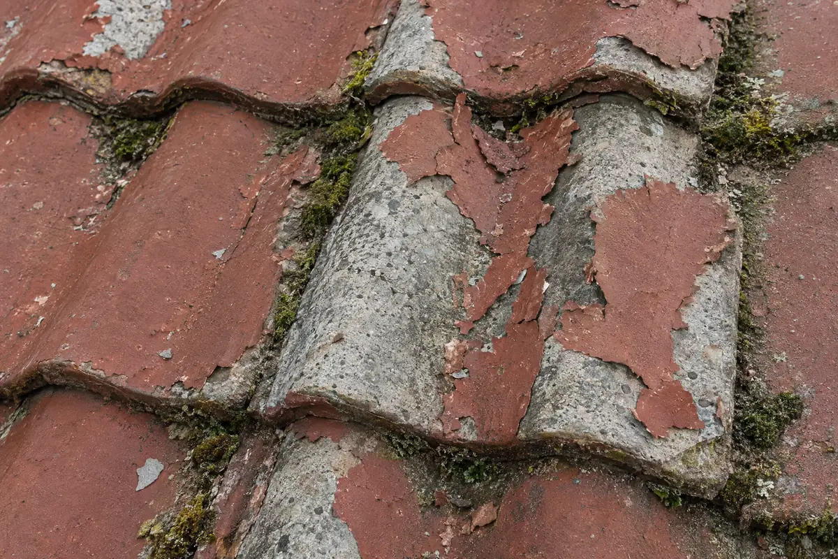Odlupující se nátěr na betonových taškách několik let po nevhodné přípravě