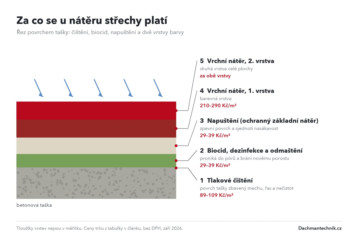 Schéma vrstev renovačního nátěru střešní tašky: čištění, biocid, napuštění a dvě vrstvy barvy